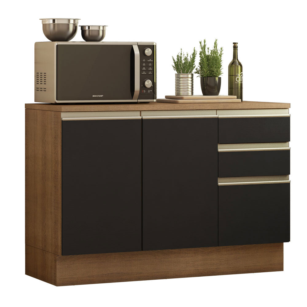 Balcão Madesa Glamy 120 cm 2 Portas e 3 Gavetas (Com Tampo) Rustic/Preto