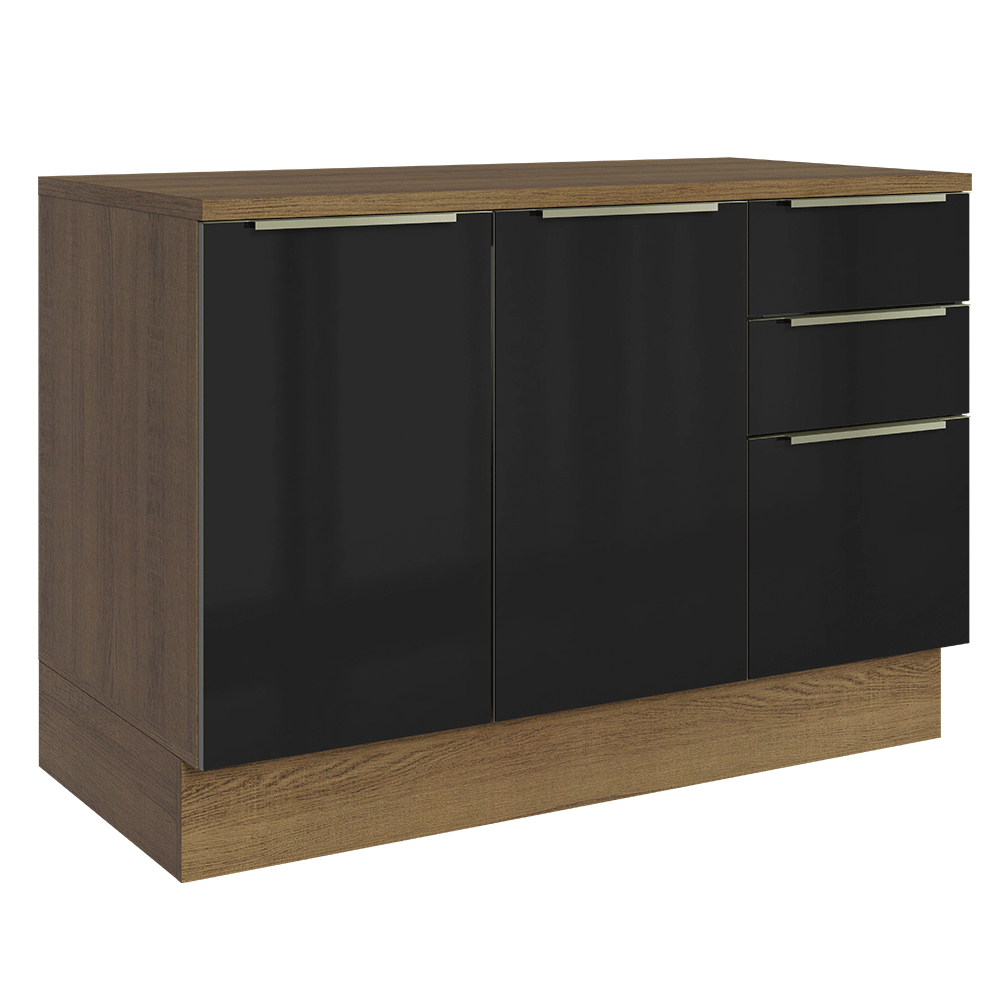 Balcão de Cozinha 120 cm 2 Portas 3 Gavetas Rustic/Preto Lux Madesa