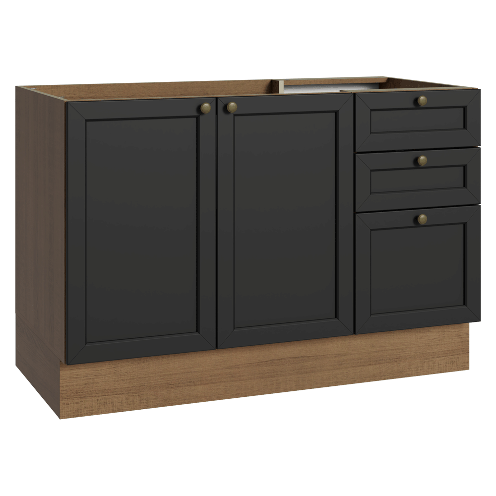 Balcão de Pia 120 cm 2 Portas 3 Gavetas (Sem Tampo) Rustic/Preto Vik Madesa