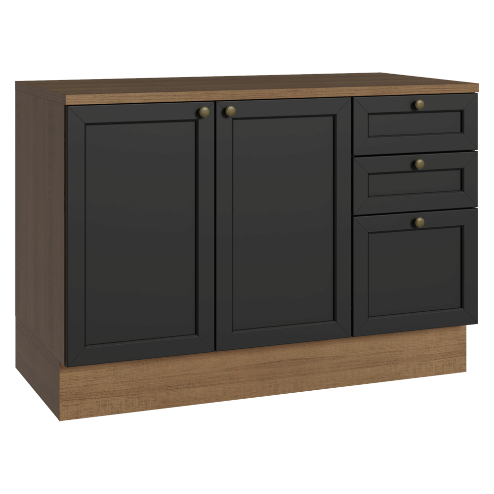 Balcão de Cozinha 120 cm 2 Portas 3 Gavetas Rustic/Preto Vik Madesa