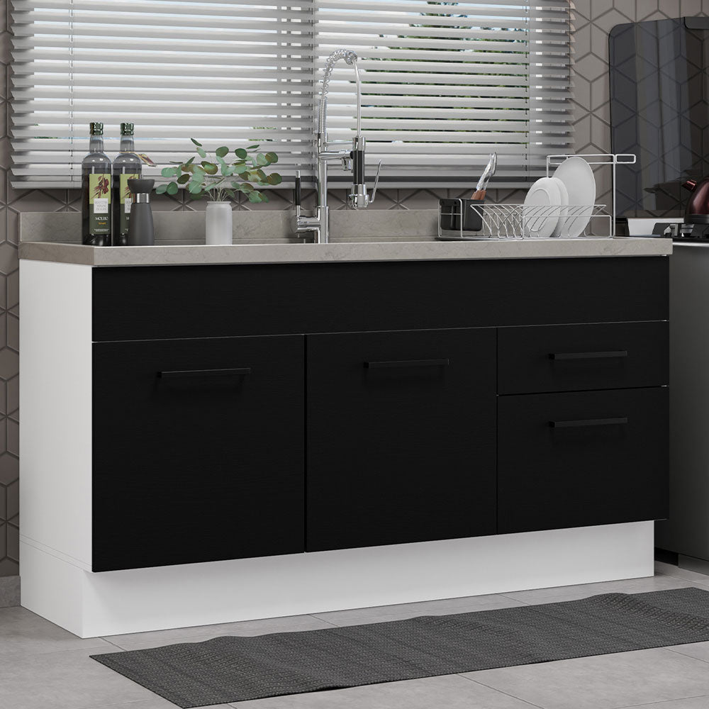 Balcão Gabinete de Pia Madesa Agata 150 cm 2 Portas e 2 Gavetas (Sem Tampo e Pia) Branco/Preto