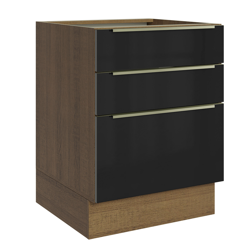 Balcão de Cozinha 60 cm 3 Gavetas (Sem Tampo) Rustic/Preto Lux Madesa