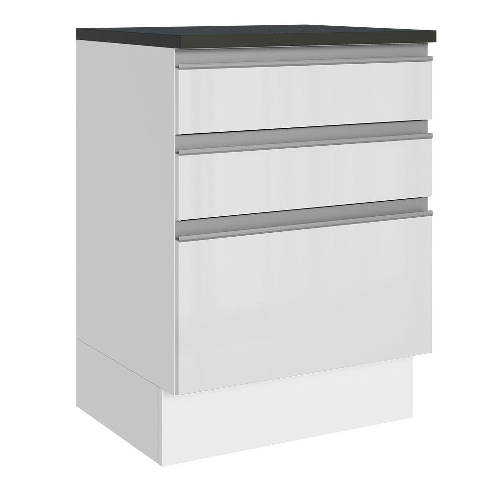 Balcão Madesa Acordes 100% MDF 60 cm 3 Gavetas Frentes Branco Brilho