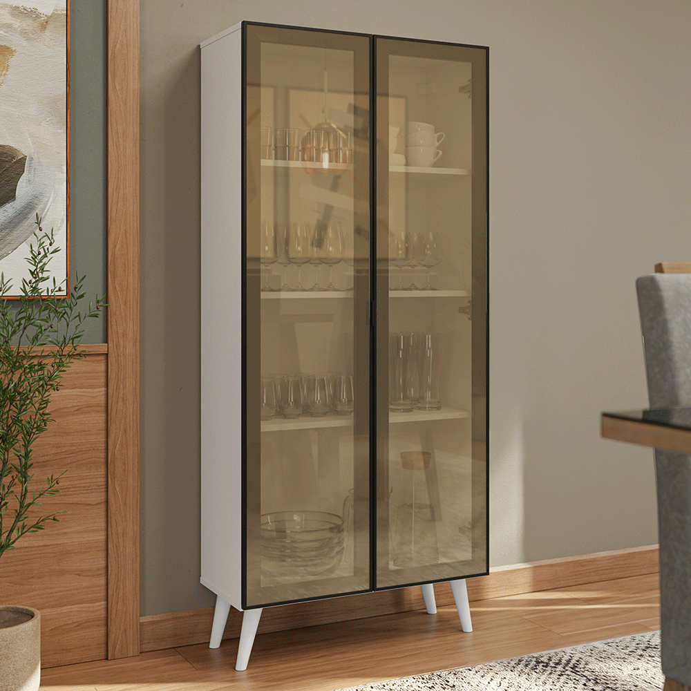 Cristaleira 70 cm 2 Portas de Vidro Reflecta Bronze com Pés Cônicos Branco/Preto/Branco Vinil Madesa