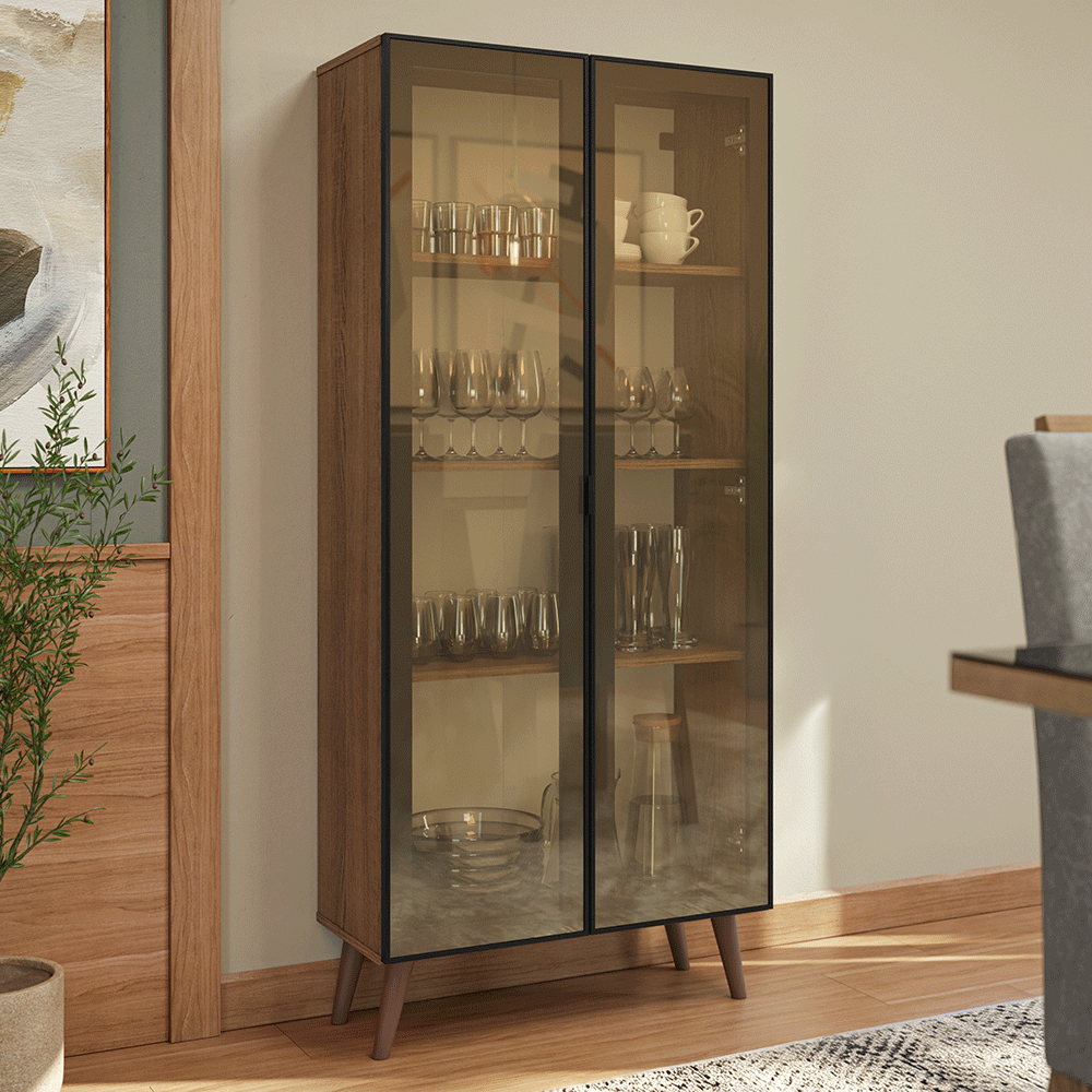 Cristaleira 70 cm 2 Portas de Vidro Reflecta Bronze com Pés Cônicos Rustic/Preto/Marrom Vinil Madesa