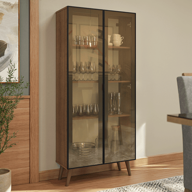 Cristaleira 70 cm 2 Portas de Vidro Reflecta Bronze com Pés Cônicos Rustic/Preto/Marrom Vinil Madesa