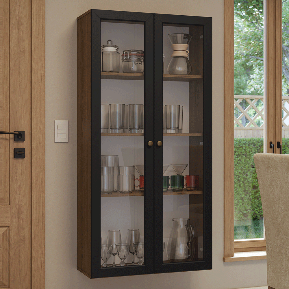 Cristaleira Suspensa 70 cm 2 Portas de Vidro Rustic/Preto Vik Madesa
