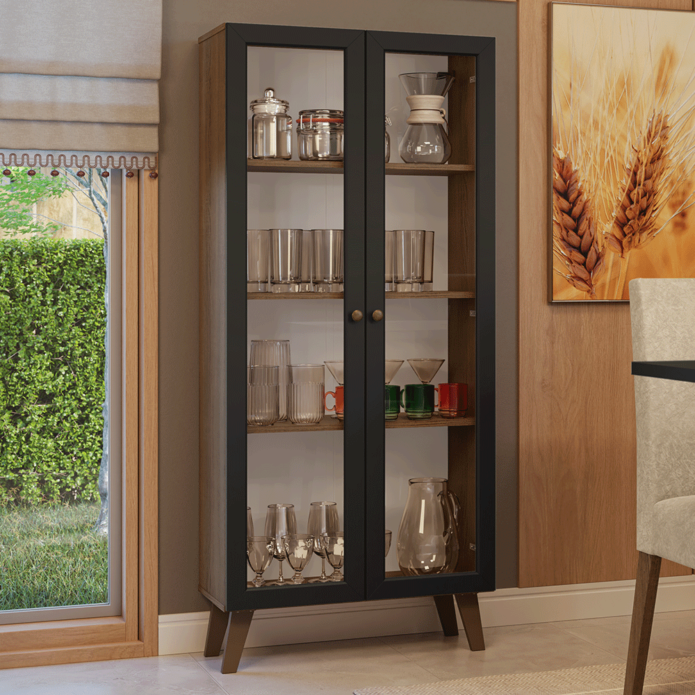 Cristaleira 70 cm 2 Portas de Vidro com Pés Trapézio Rustic/Preto/Rustic Vik Madesa