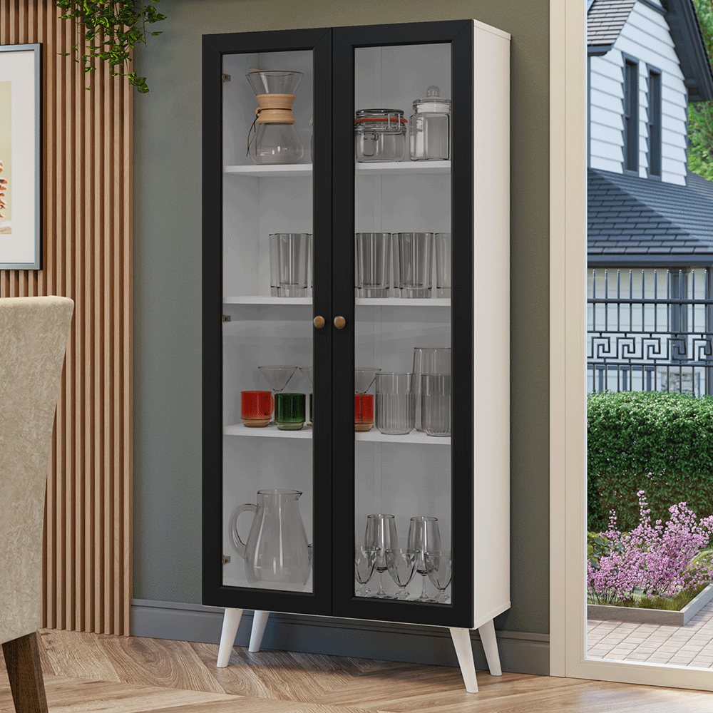 Cristaleira 70 cm 2 Portas de Vidro com Pés Cônicos Branco/Preto Vik Madesa