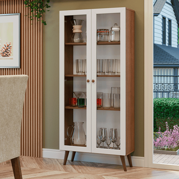 Cristaleira 70 cm 2 Portas de Vidro com Pés Cônicos Rustic/Branco/Rustic Vik Madesa