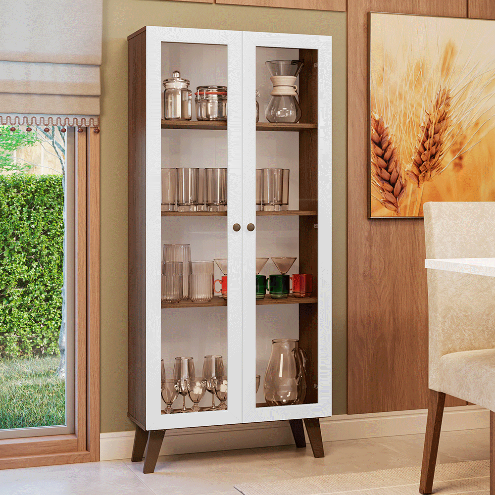 Cristaleira 70 cm 2 Portas de Vidro com Pés Trapézio Rustic/Branco/Rustic Vik Madesa
