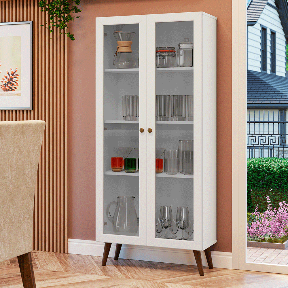 Cristaleira 70 cm 2 Portas de Vidro com Pés Cônicos Branco/Rustic Vik Madesa