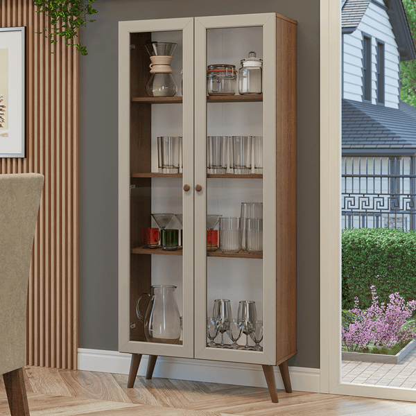 Cristaleira 70 cm 2 Portas de Vidro com Pés Cônicos Rustic/Crema/Rustic Vik Madesa