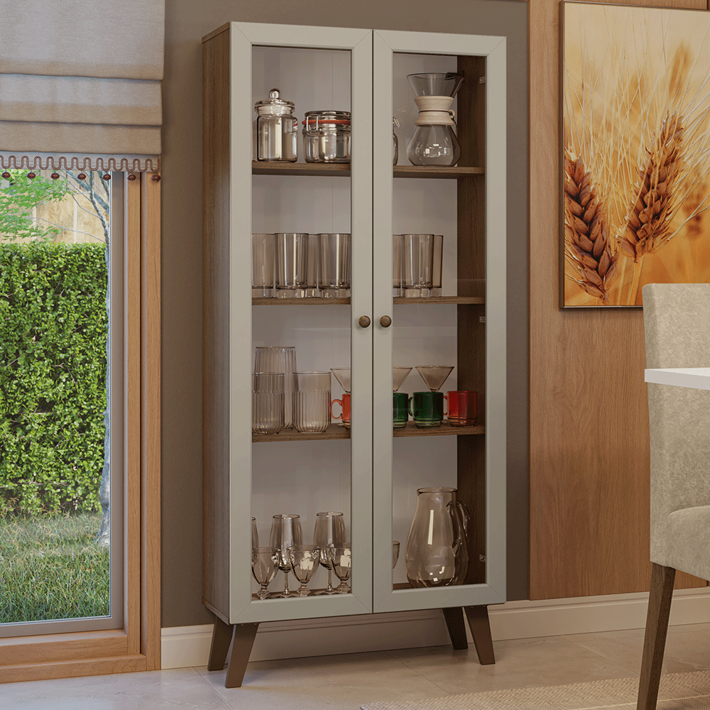 Cristaleira 70 cm 2 Portas de Vidro com Pés Trapézio Rustic/Crema/Rustic Vik Madesa