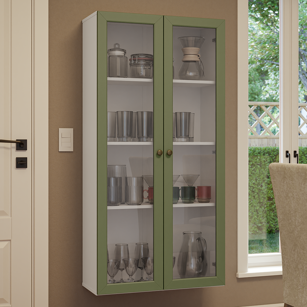 Cristaleira Suspensa 70 cm 2 Portas de Vidro Branco/Verde Vik Madesa