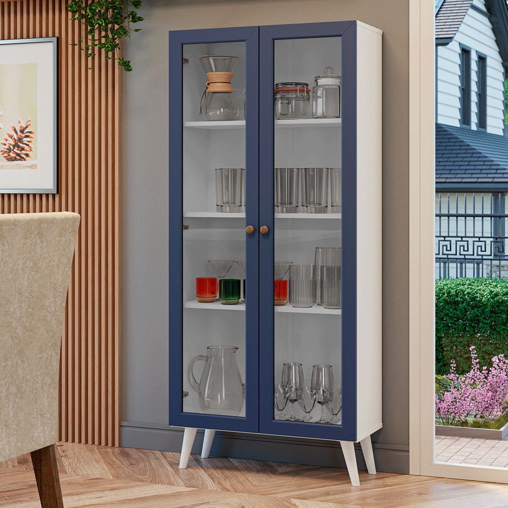 Cristaleira 70 cm 2 Portas de Vidro com Pés Cônicos Branco/Azul/Branco Vik Madesa