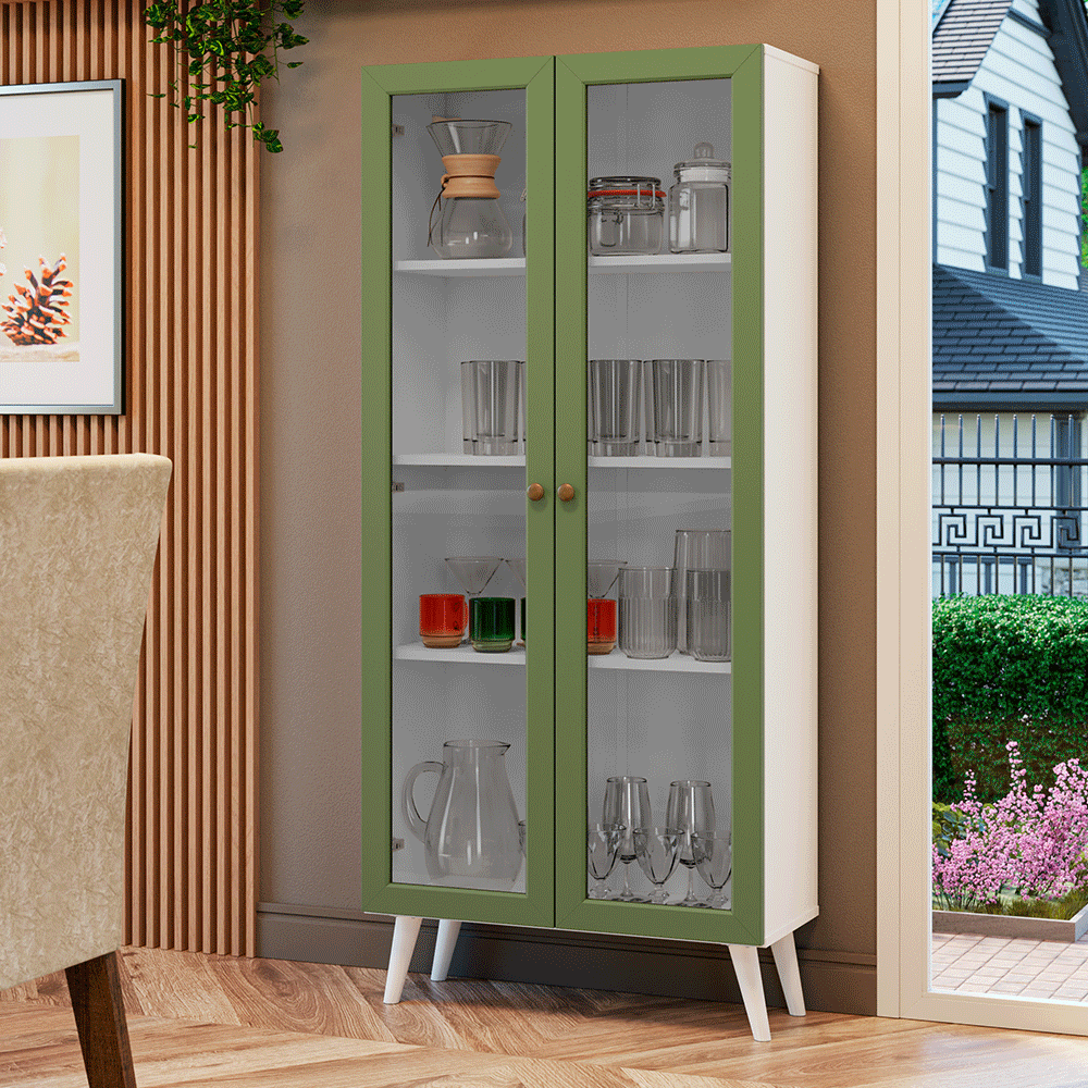 Cristaleira 70 cm 2 Portas de Vidro com Pés Cônicos Branco/Verde/Branco Vik Madesa