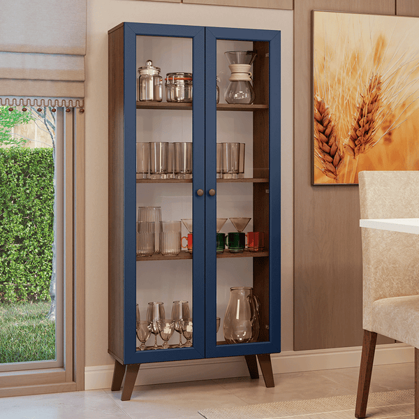 Cristaleira 70 cm 2 Portas de Vidro com Pés Trapézio Rustic/Azul/Rustic Vik Madesa