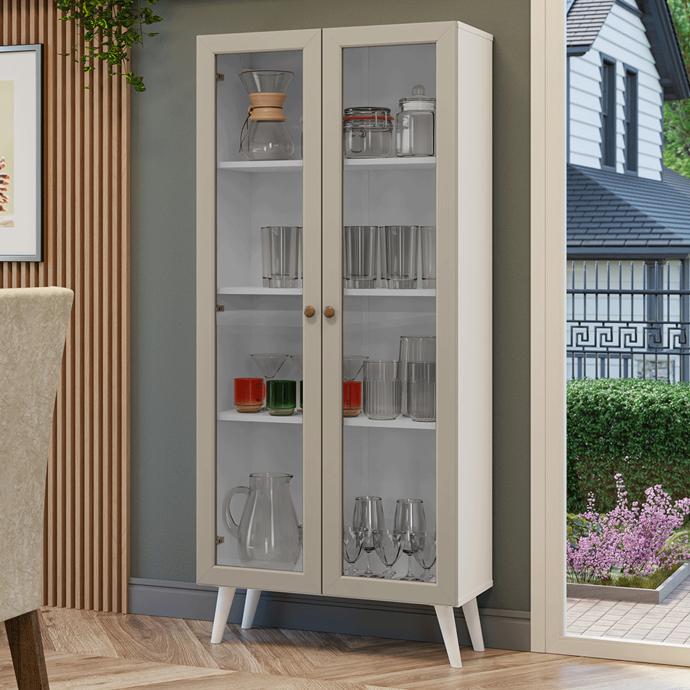 Cristaleira 70 cm 2 Portas de Vidro com Pés Cônicos Branco/Crema/Branco Vik Madesa