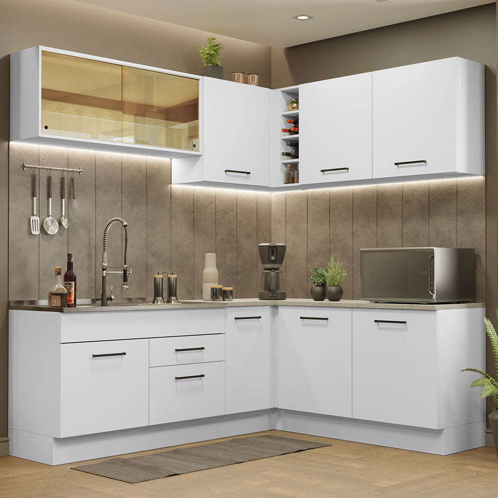 Armário de Cozinha Completa de Canto 389cm Branco Agata Madesa 01