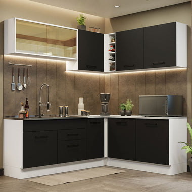 Armário de Cozinha Completa de Canto 389cm Branco Preto Agata Madesa 01