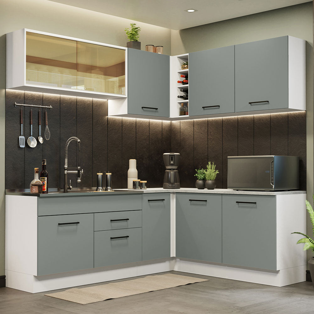 Armário de Cozinha Completa de Canto 389cm Branco Cinza Agata Madesa 01