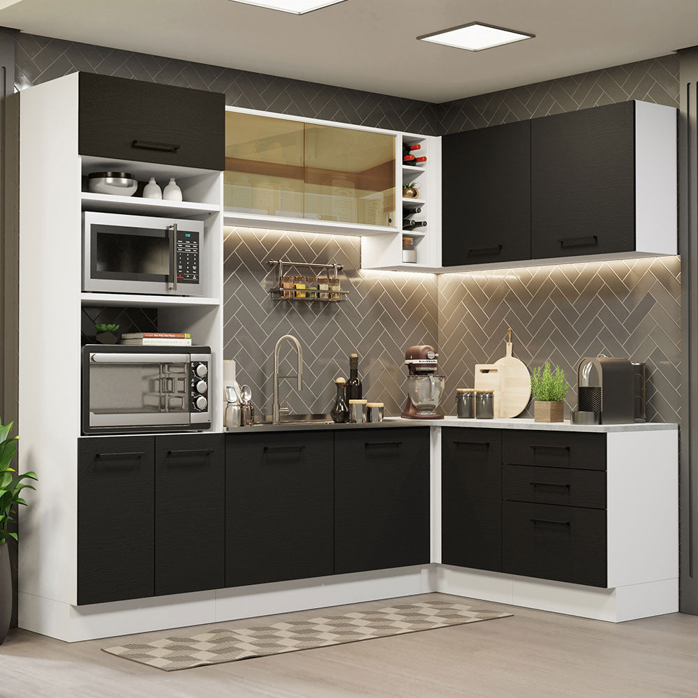 Armário de Cozinha Completa de Canto 399cm Branco Preto Agata Madesa 01