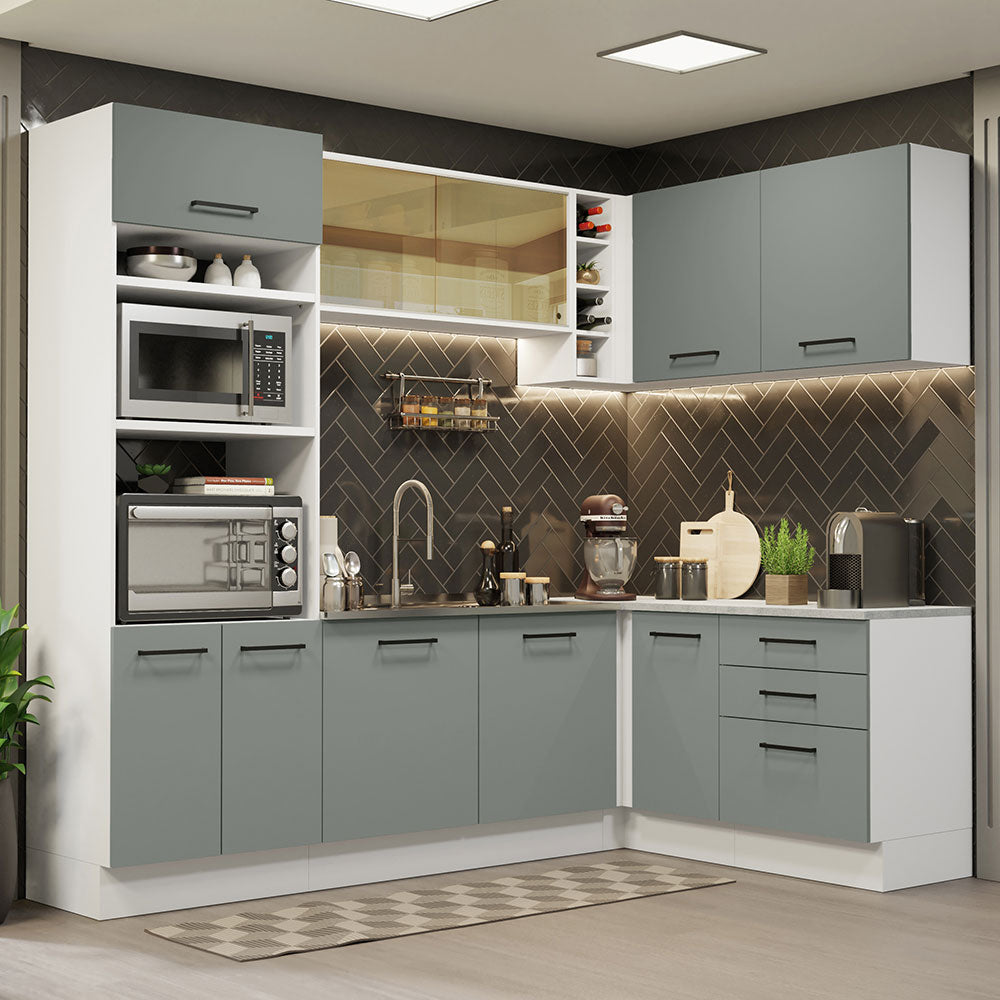 Armário de Cozinha Completa de Canto 399cm Branco Cinza Agata Madesa 01
