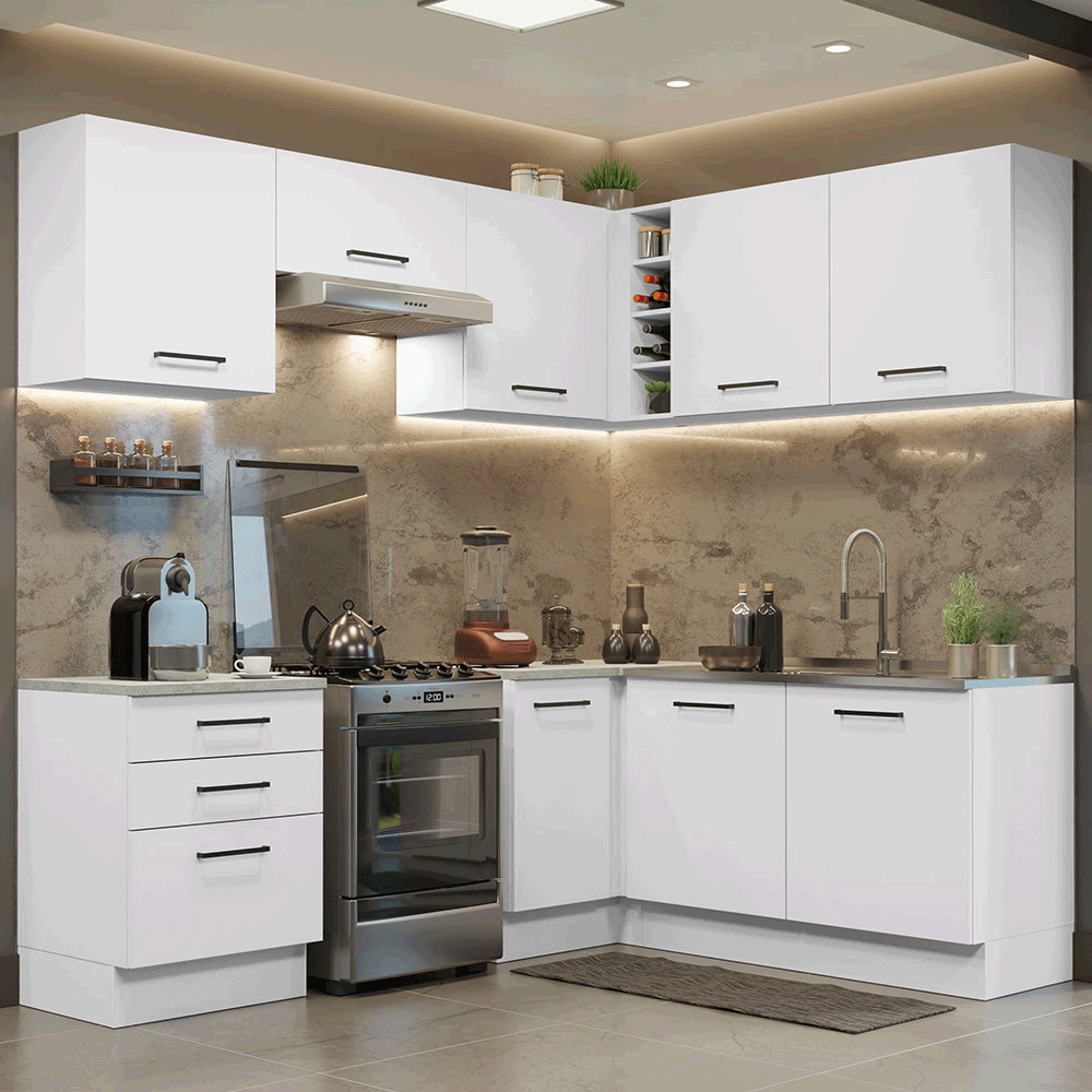 Armário de Cozinha Completa de Canto 399cm Branco Agata Madesa 02