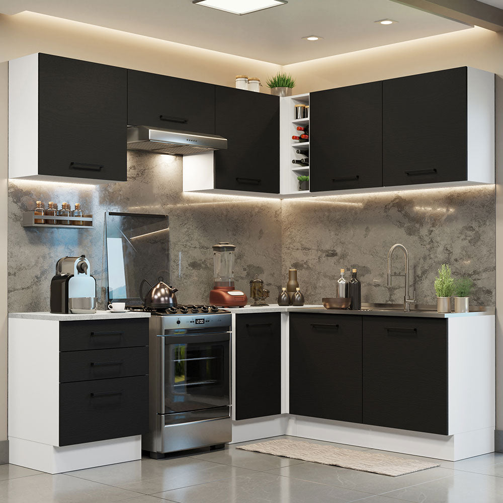 Armário de Cozinha Completa de Canto 399cm Branco Preto Agata Madesa 02