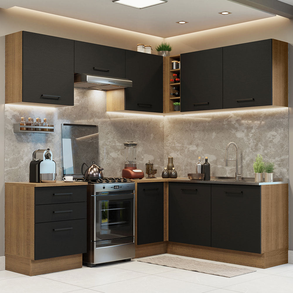 Armário de Cozinha Completa de Canto 399cm Rustic Preto Agata Madesa 02