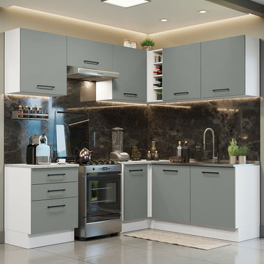 Armário de Cozinha Completa de Canto 399cm Branco Cinza Agata Madesa 02
