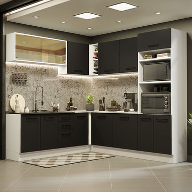 Armário de Cozinha Completa de Canto 459cm Branco Preto Agata Madesa 01