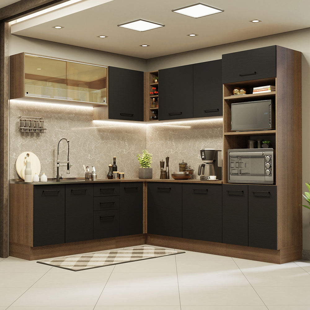 Armário de Cozinha Completa de Canto 459cm Rustic Preto Agata Madesa 01