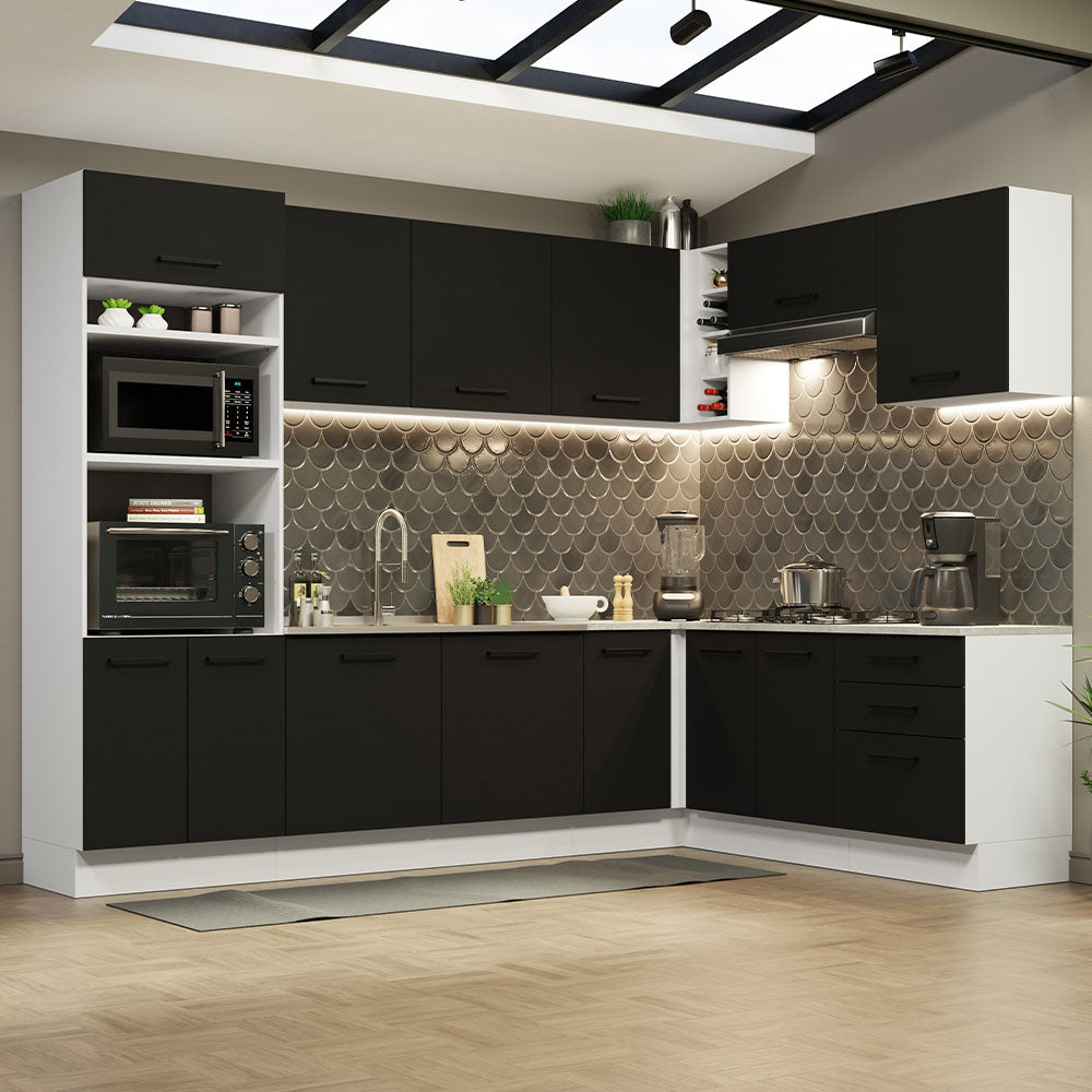 Armário de Cozinha Completa de Canto 479cm Branco Preto Agata Madesa 01
