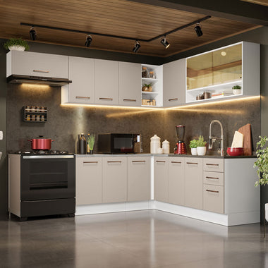 Armário de Cozinha Completa de Canto 486cm Branco/Crema 60cm de Profundidade Agata Madesa 01