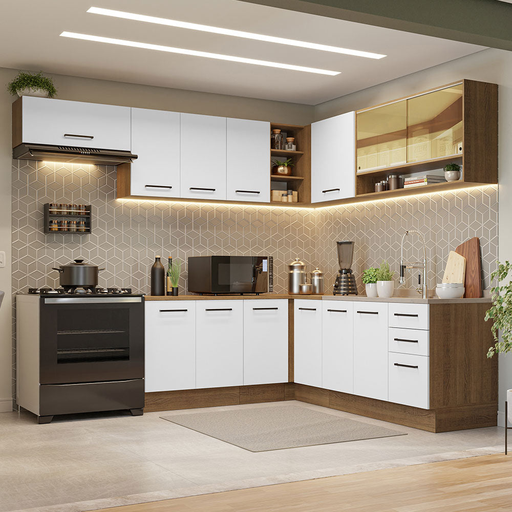 Armário de Cozinha Completa de Canto 486cm Rustic/Branco 60cm de Profundidade Agata Madesa 01