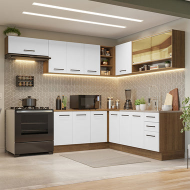 Armário de Cozinha Completa de Canto 486cm Rustic/Branco 60cm de Profundidade Agata Madesa 01
