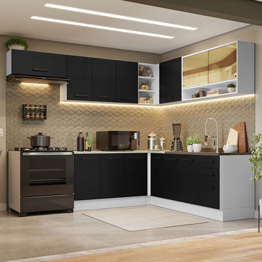 Armário de Cozinha Completa de Canto 486cm Branco/Preto 60cm de Profundidade Agata Madesa 01