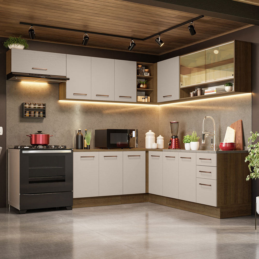 Armário de Cozinha Completa de Canto 486cm Rustic/Crema 60cm de Profundidade Agata Madesa 01