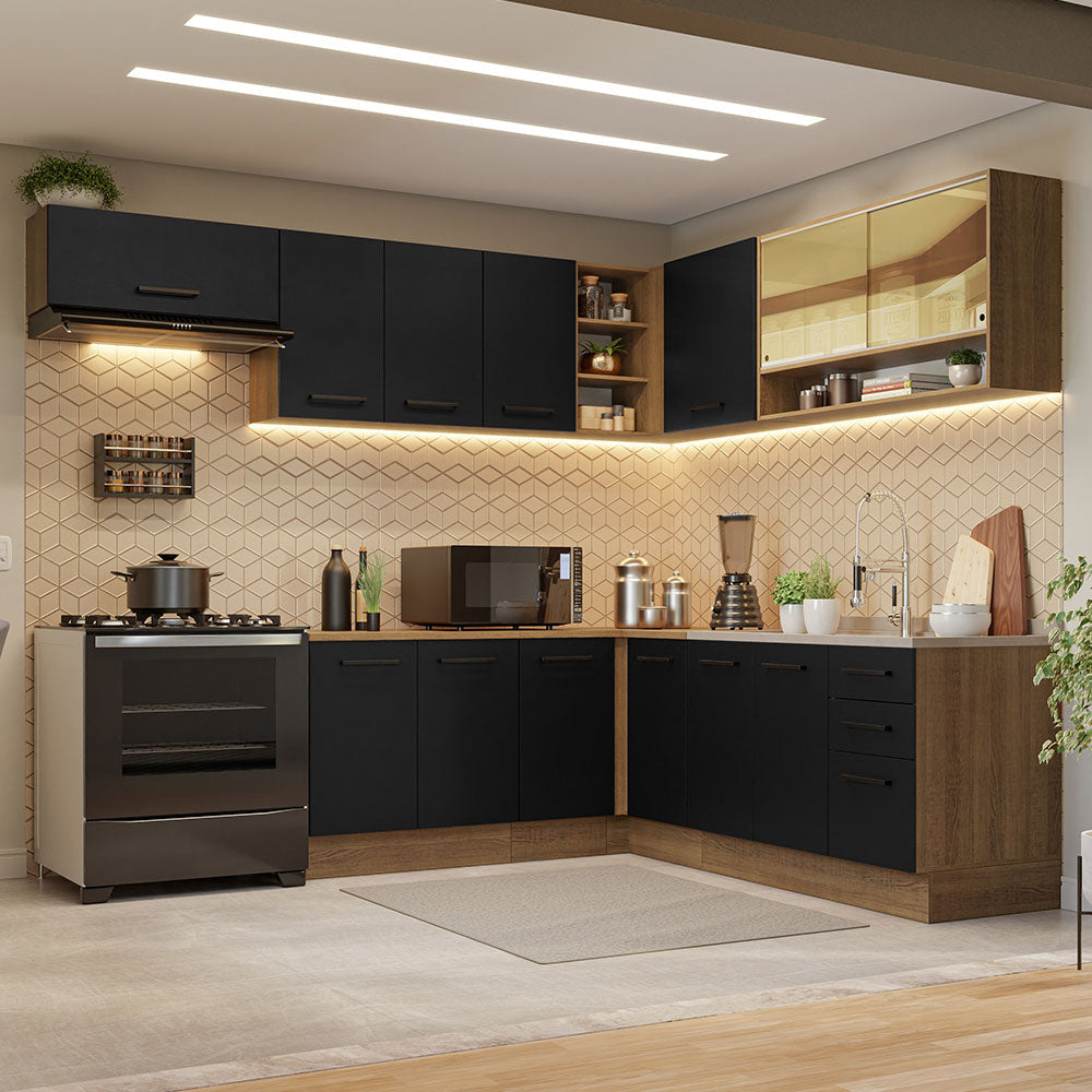 Armário de Cozinha Completa de Canto 486cm Rustic/Preto 60cm de Profundidade Agata Madesa 01