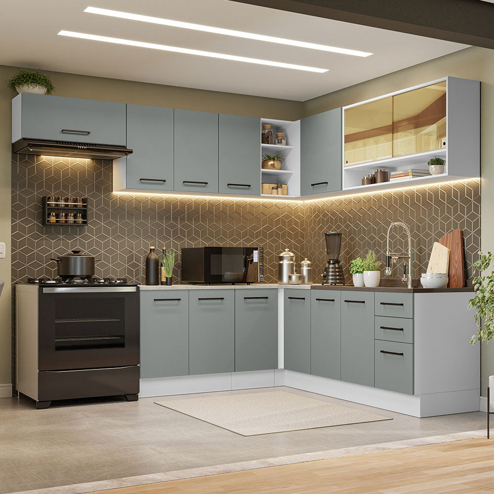 Armário de Cozinha Completa de Canto 486cm Branco/Cinza 60cm de Profundidade Agata Madesa 01