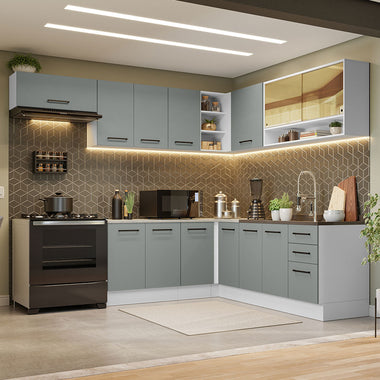 Armário de Cozinha Completa de Canto 486cm Branco/Cinza 60cm de Profundidade Agata Madesa 01