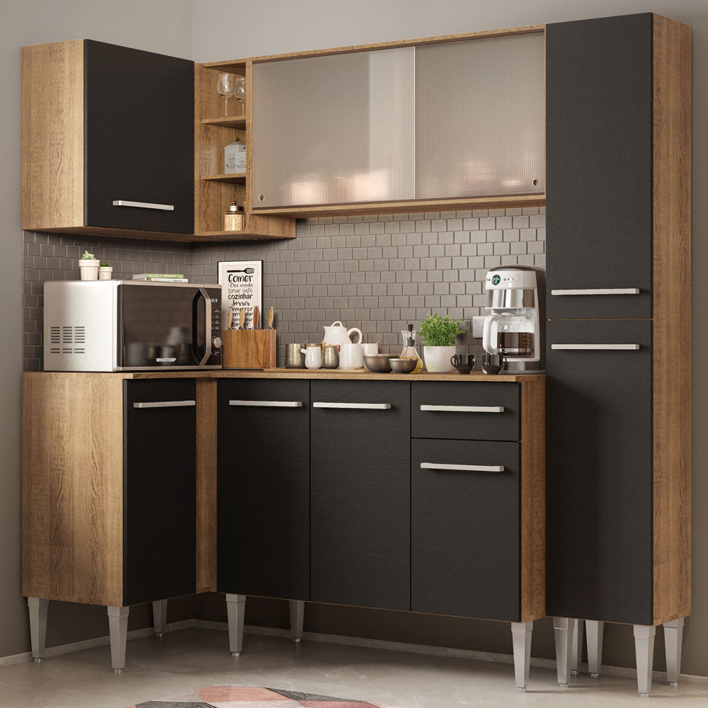 Armário de Cozinha Completa de Canto 261cm Rustic/Preto Emilly Face Madesa 02