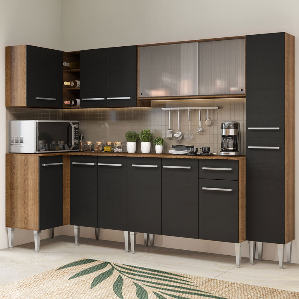 Armário de Cozinha Completa de Canto 325cm Rustic/Preto Emilly Space Madesa 03