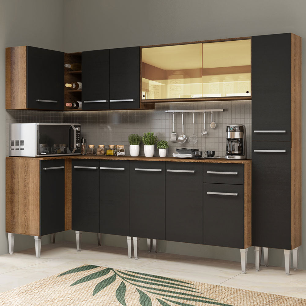 Armário de Cozinha Completa de Canto 325cm Rustic/Preto Emilly Wave Madesa 04