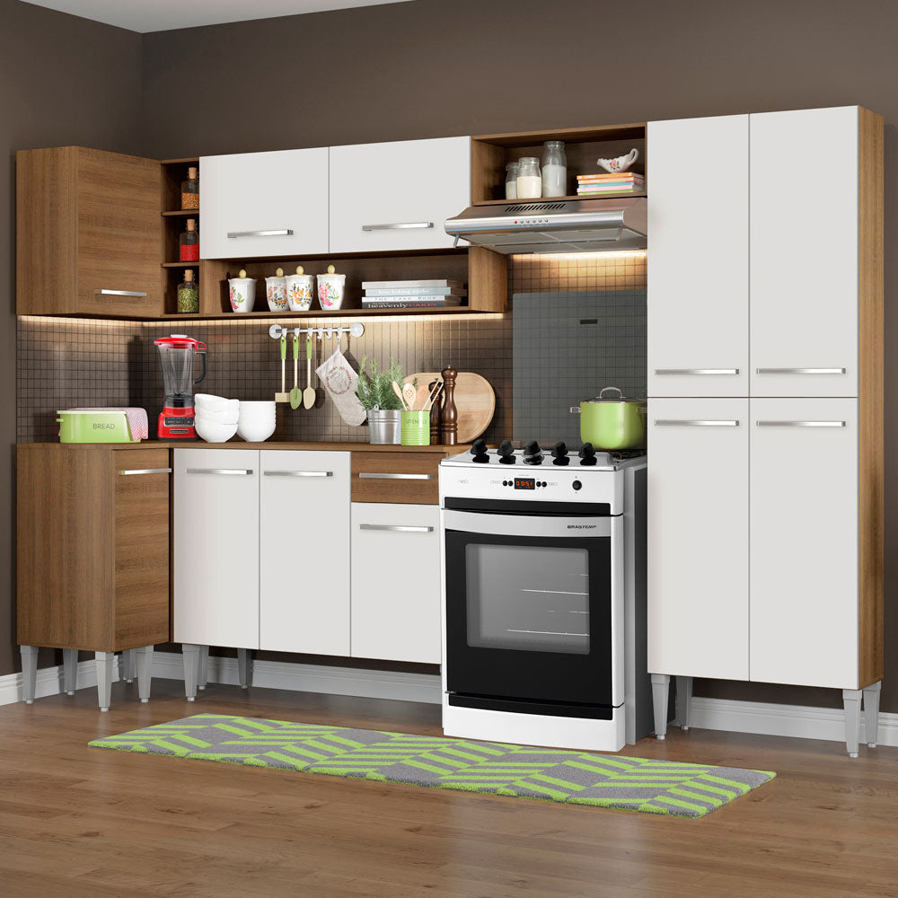 Armário de Cozinha Completa de Canto 353cm Rustic/Branco Emilly Sun Madesa 01