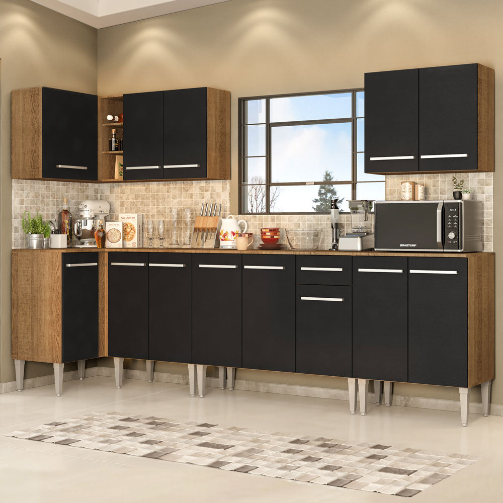 Armário de Cozinha Completa de Canto 357cm Rustic/Preto Emilly Rock Madesa 01