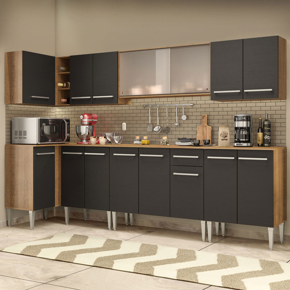 Armário de Cozinha Completa de Canto 357cm Rustic/Preto Emilly Jazz Madesa 02