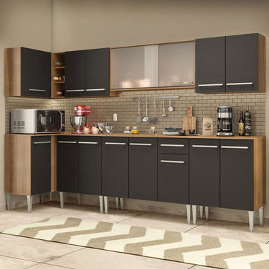 Armário de Cozinha Completa de Canto 357cm Rustic/Preto Emilly Jazz Madesa 02